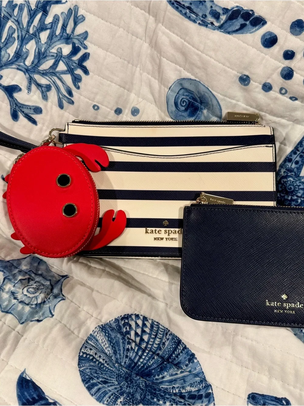 kate spade Red Crab Coin Pouch with Navy & White Stripe Wristlet